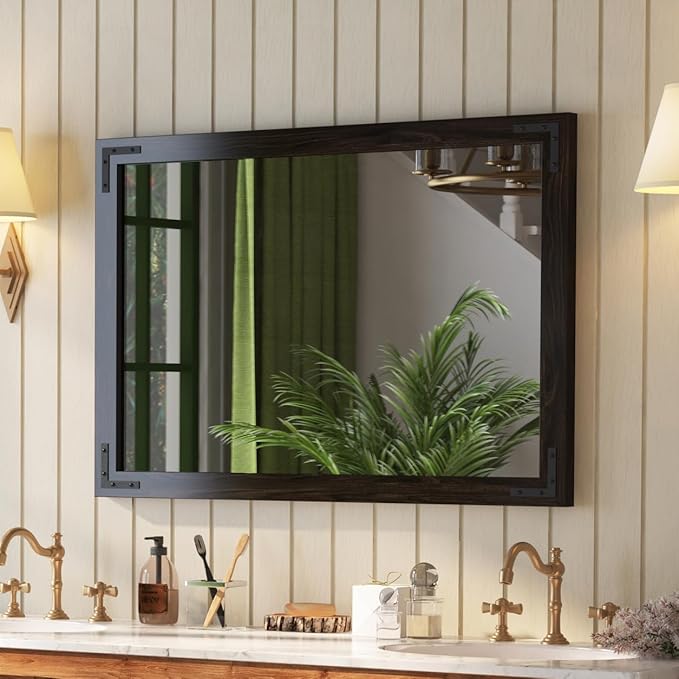 VocalStar Black Wood Framed Mirror 28 x 40 Inch, Rustic Natural Black Wooden by VOCALSTAR