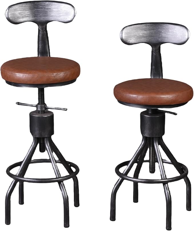 LOKKHAN Set of 2 Industrial Leather Bar Stools-Adjustable Swivel Metal Bar - Image 3