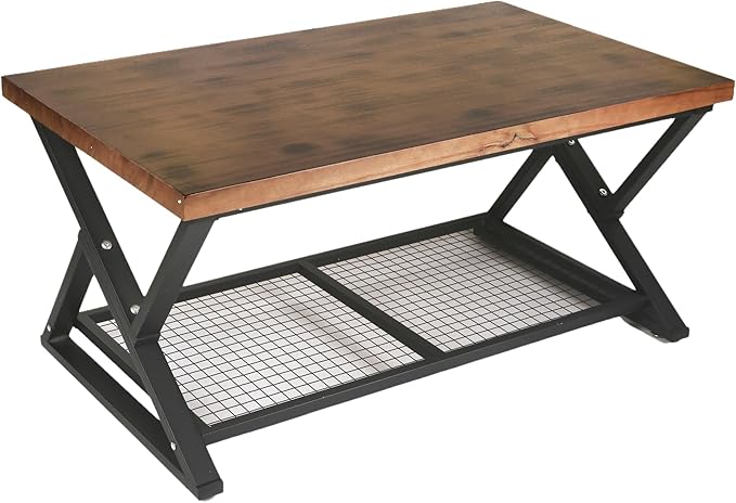 EASYSOUL Coffee Table with Storage Shelf, Solid Wood Top with Black Metal by EASYSOUL