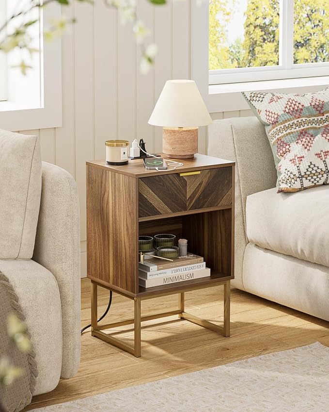 Nightstand with Charging Station, Boho Night Stand Wood Farmhouse Bedside Table - Image 4