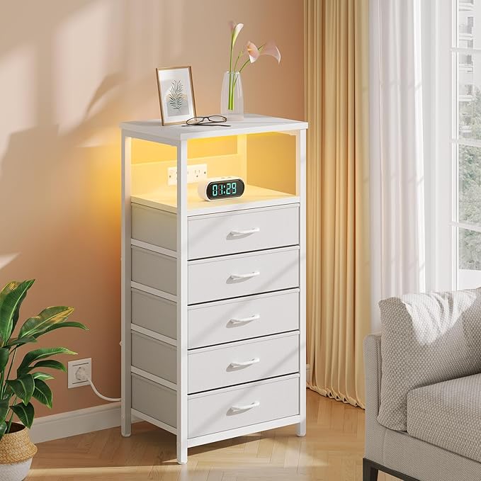 Seventable Night Stand with Charging Station, Tall Nightstand with 5 Fabric - Image 2