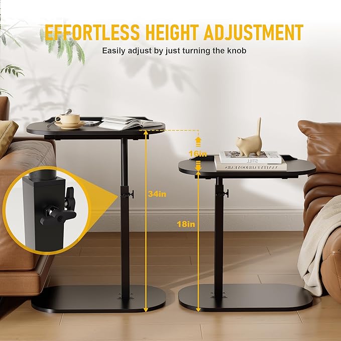 C Shaped End Side Table with Anti-Drop Rod, Adjustable Height & 360° Swivel - Image 4