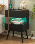 Black Nightstand with Charging Station and LED Lights, Modern Bedside Table by JOONEE