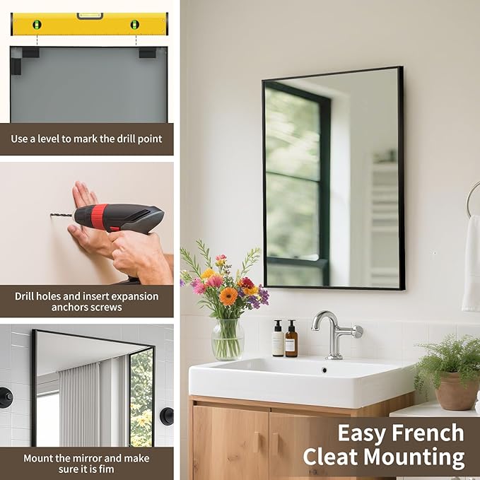 Matte Black Mirror, 22x30 Inch Aluminum Framed Rectangle Mirror, Tempered Glass - Image 6