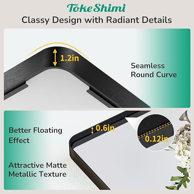TokeShimi 60x28 Wall Mirror for Bathroom, Matte Black Bathroom Vanity Mirror - Image 3