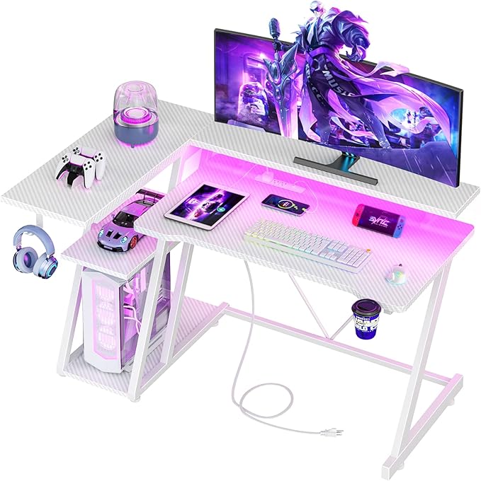 40 Inch Gaming Desk with Power Outlet & LED Lights, L Shaped Computer Gaming by Korfile