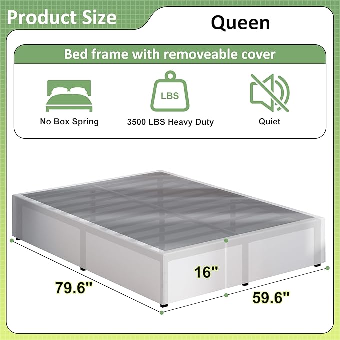 16 Inch Queen Bed Frame with White Skirt Cover, Metal Bed Frame Queen Size with - Image 2