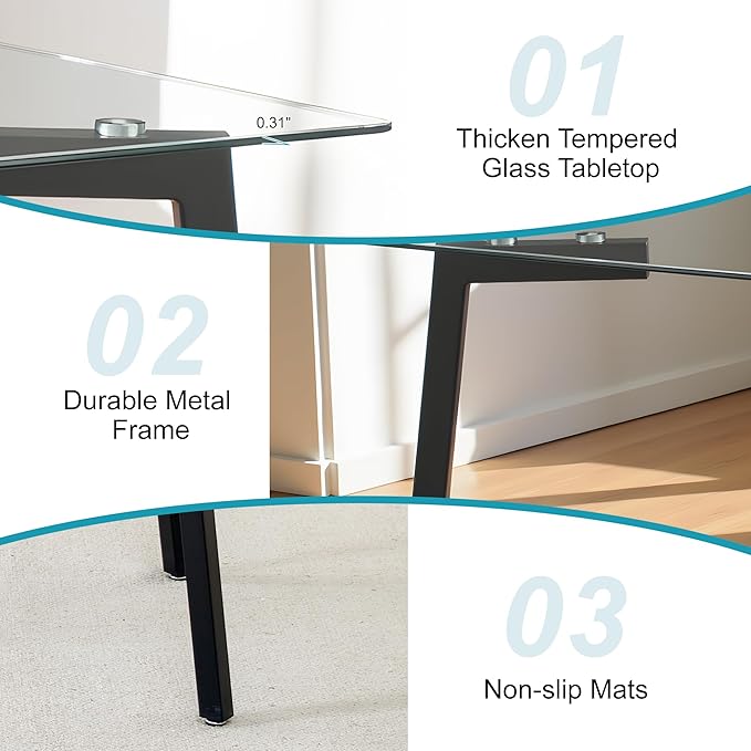 Dining Table for 6 Kitchen Table 51" Rectangular Modern Glass Dining Table - Image 5