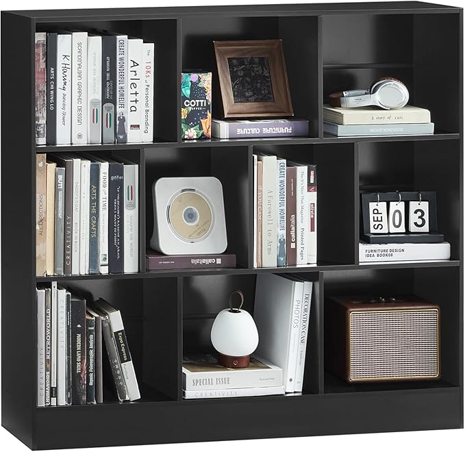 YAHARBO Black Wide Bookshelf, 3 Tier Modern Horizontal Bookcase, Wood Low - Image 8