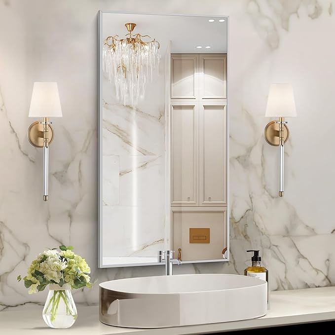 48x24In Silver Bathroom Mirror for Wall, Brushed Nickel Rectangle Mirrors by Welcometocofeny