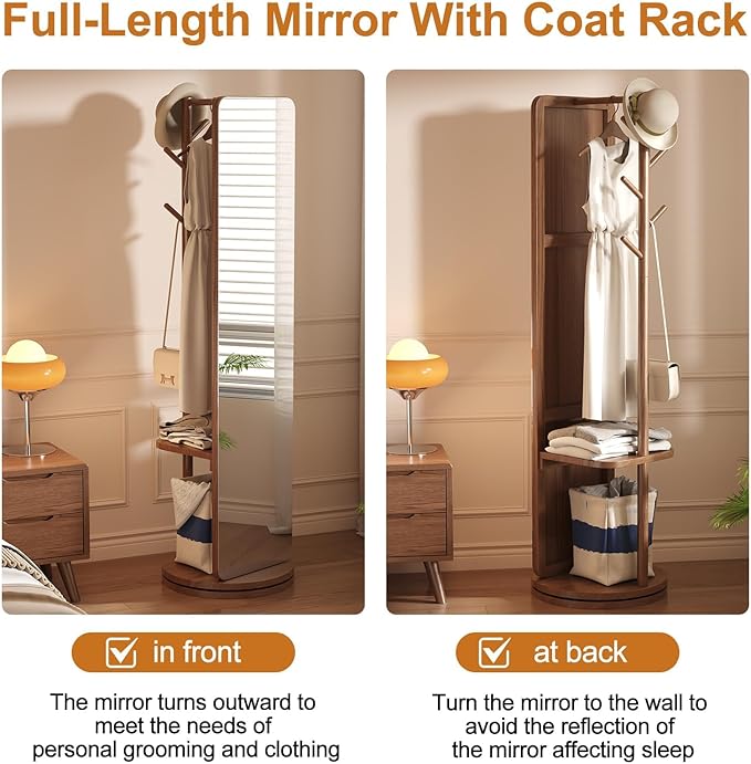 70"x16"Full Length Mirror with Stand, Coat Rack with Mirror, Solid Wood Floor - Image 8
