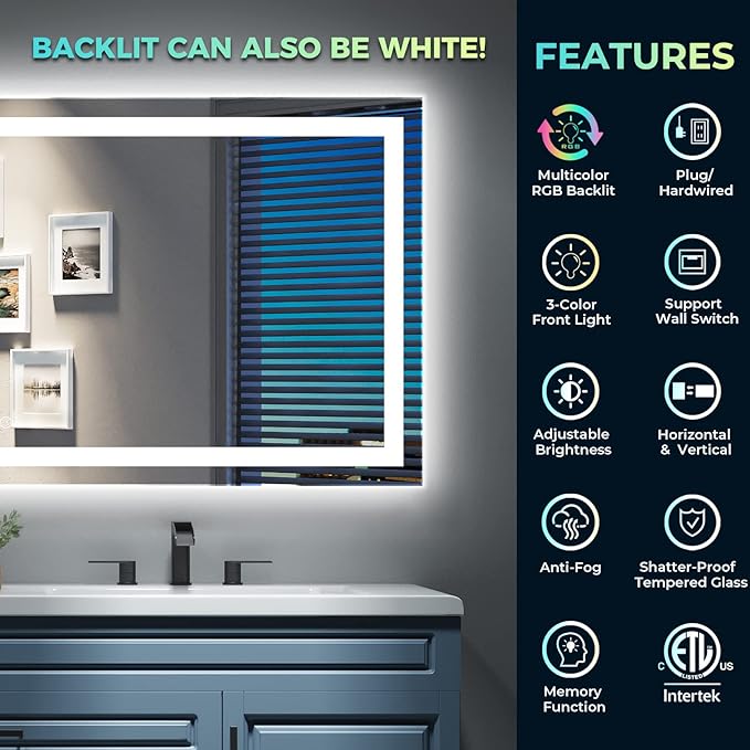 36x28 Inch RGB LED Bathroom Mirror Front Light and RGB Backlit Lighted Vanity - Image 2