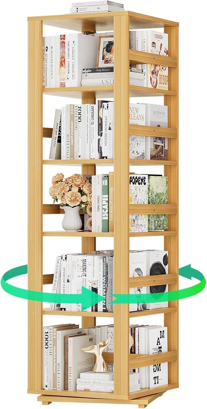 Homykic Rotating Bookshelf, Bamboo 360 Display Spinning Bookshelf Tower by Homykic