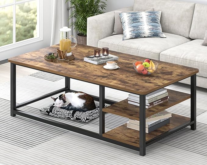 EXCEFUR Modern Coffee Table, Rustic Wood and Metal Living Room Table by EXCEFUR