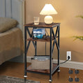 TooCust 3 Tier End Table with Charging Station, Metal and Brown Bedside Table by TooCust