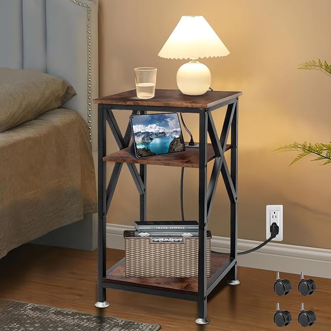 TooCust 3 Tier End Table with Charging Station, Metal and Brown Bedside Table by TooCust