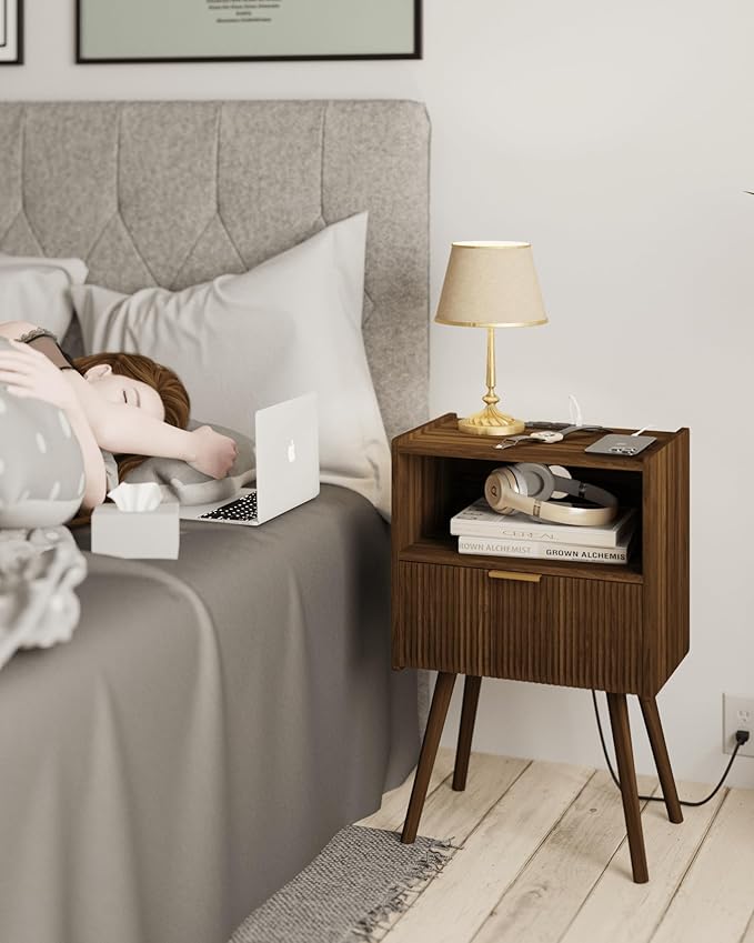 Nightstand with Outlet, Modern Bedside Table with Storage Drawer and Open Wood - Image 3