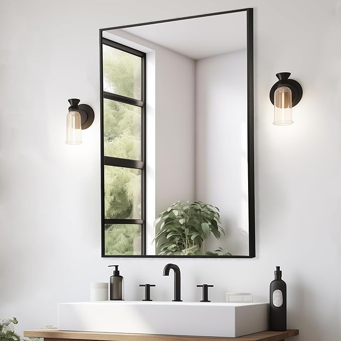 Black Bathroom Mirror, Matte Black Mirror, Metal Frame Square Corner Vanity by JENBELY