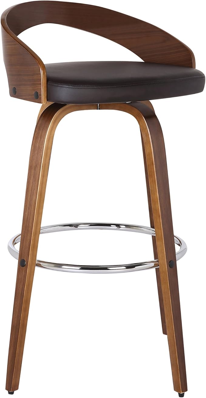Armen Living Sonia 30" Bar Height Swivel Brown Faux Leather and Walnut Wood Bar - Image 6