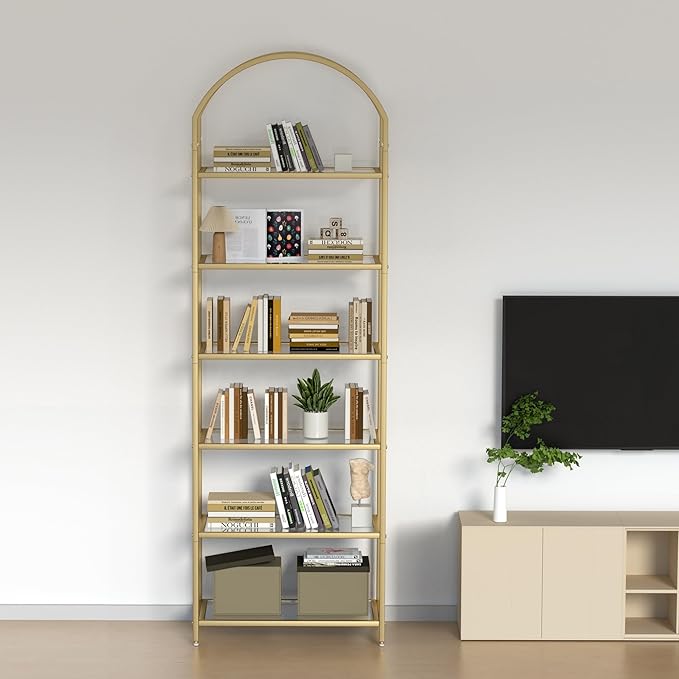 Homhedy Bookshelf Arched Display Racks, Metal Bookcase, Tempered Glass Shelves - Image 8