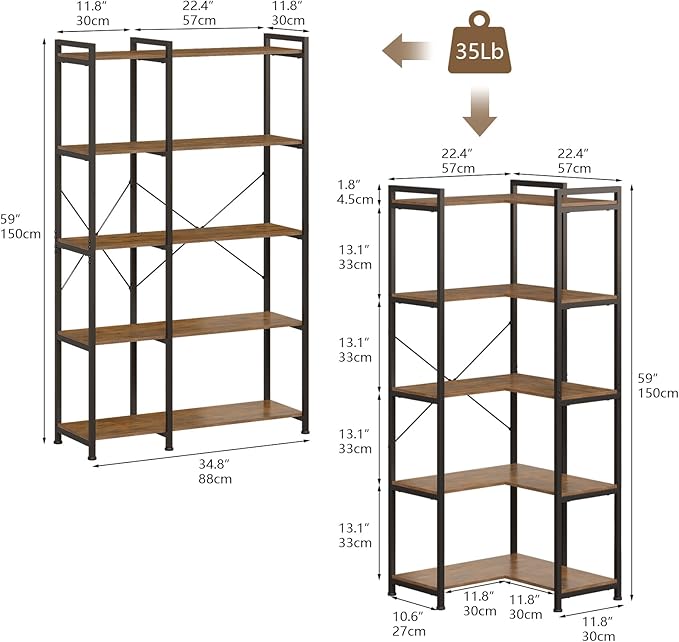 Tohomeor Bookshelf 5 Tier Deformable Corner Bookcase Free Standing Modern - Image 3