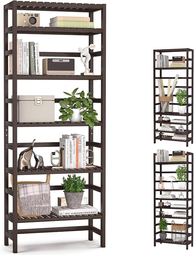 Homykic 6-Tier Bamboo Bookshelves and Bookcases, Adjustable 63.4”Tall Shallow by Homykic