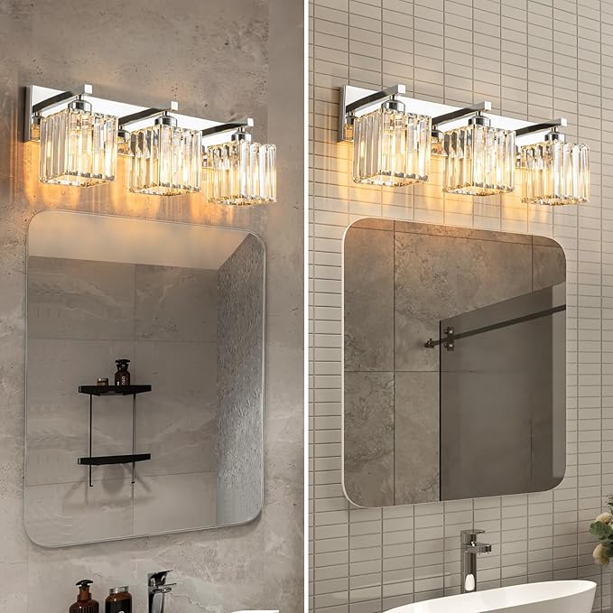 Modern Bathroom Vanity Light 3-Lights Chrome Crystal Bathroom Wall Light Vanity - Image 4