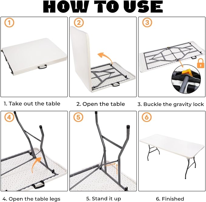 Goaste 6 Foot Folding Table, Portable Plastic Dining Table, Fold-in-Half Heavy - Image 4