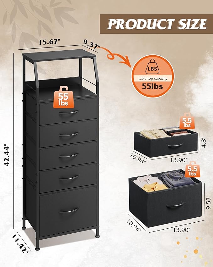 WLIVE Black Fabric Dresser for Bedroom, Tall Nightstand - Image 3