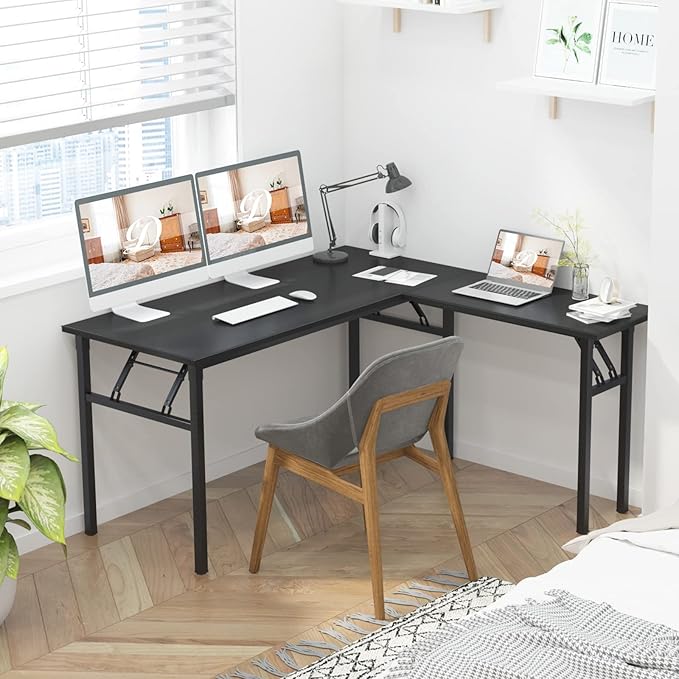 DlandHome Reversible L-Shaped Desk Large Corner Desk Folding Table Computer - Image 2