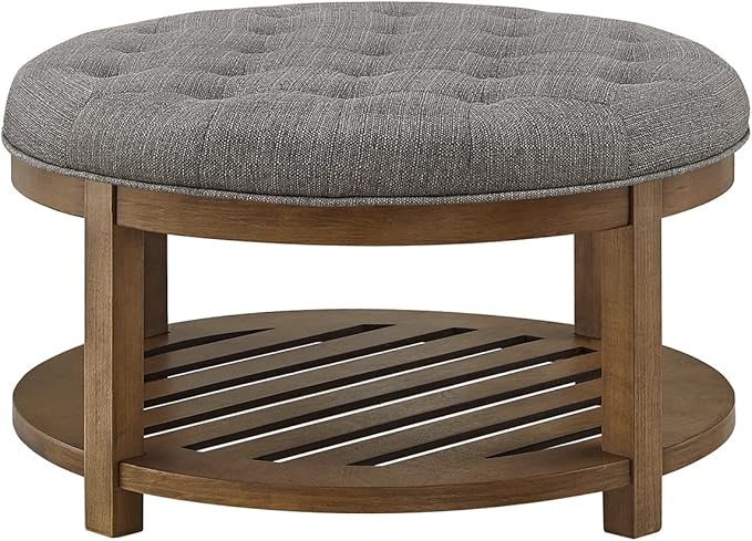 24KF Large Round Upholstered Tufted Linen Ottoman Coffee Table, Large Footrest - Image 4