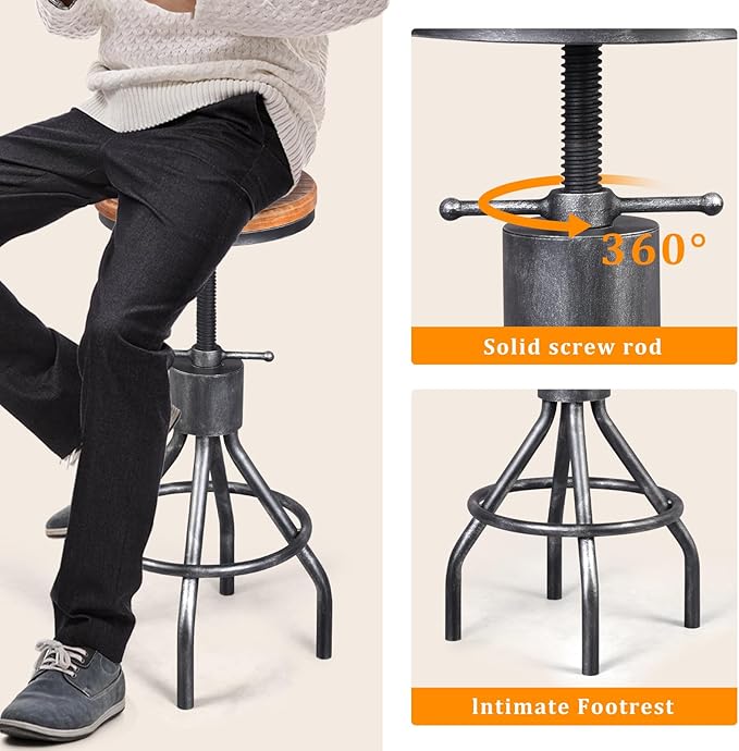 Set of 2 Industrial Bar Stool-Vintage Counter Dining Chair-Swivel Stools-Tall - Image 6