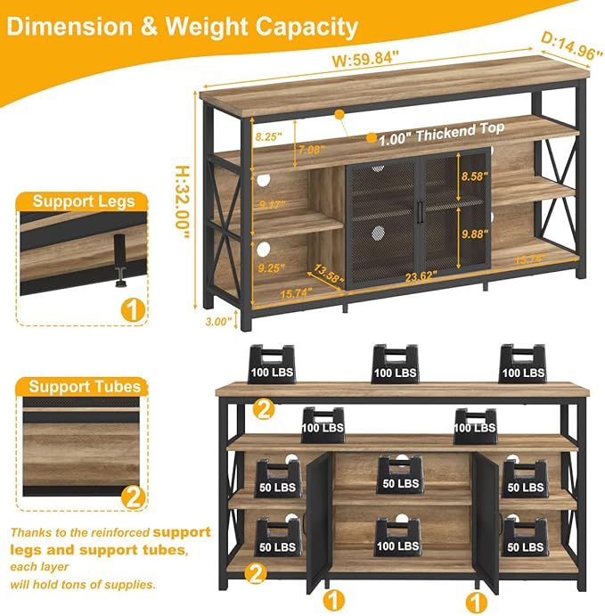 BON AUGURE Tall TV Stand for 65 55 Inch TVs, Industrial Entertainment Center - Image 3