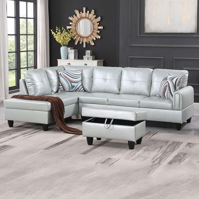 Silver Green L-Shaped 3-Piece Faux Leather Sofa by Unknown