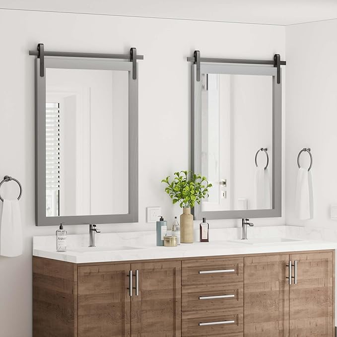 Farmhouse Wall Mirror, Rustic Wood Frame Bathroom Mirror Barn Door Inspired - Image 7