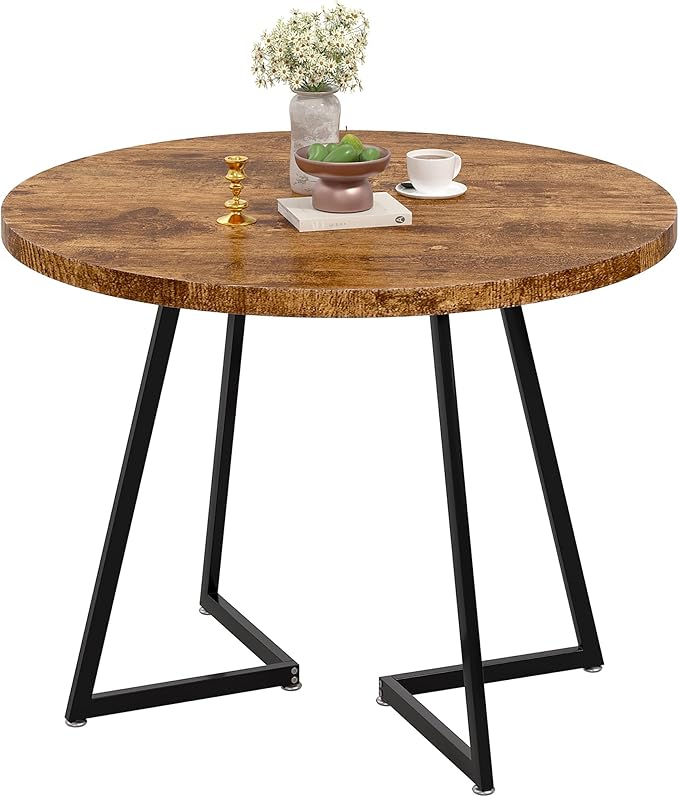 VECELO 35" Round Dining Table for 4, Wood-Grain Tabletop & Heavy-Duty Steel by VECELO