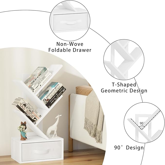 Small Bookshelf with Drawer, 4 Tier Tree Book Shelf, Wood Desk Bookshelves - Image 7