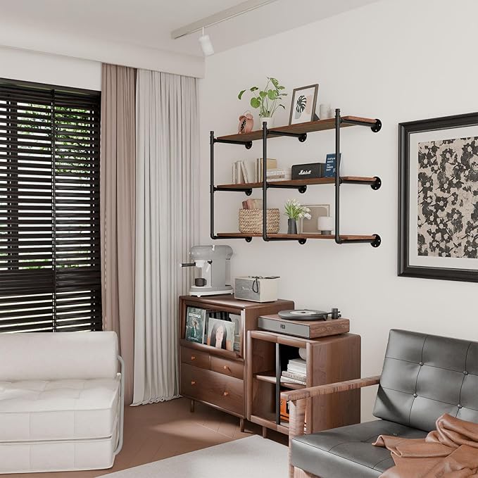 Industrial Pipe Shelf Brackets Wall Mount, Open Black Pipe Shelving - Image 2