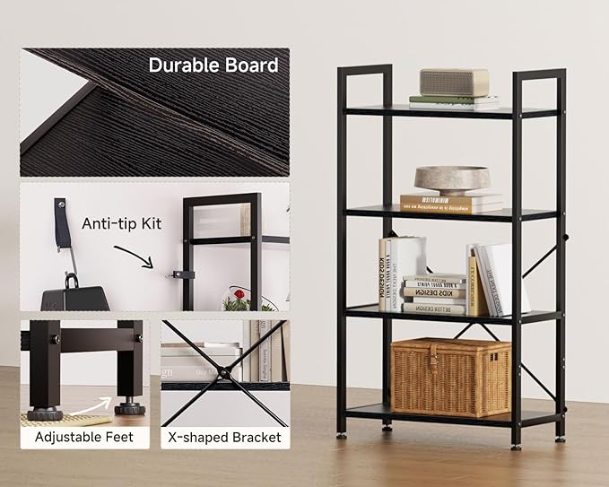 Casaottima Book Shelf, 4 Tier Bookshelf, Modern Wood Bookcase Shelves - Image 4