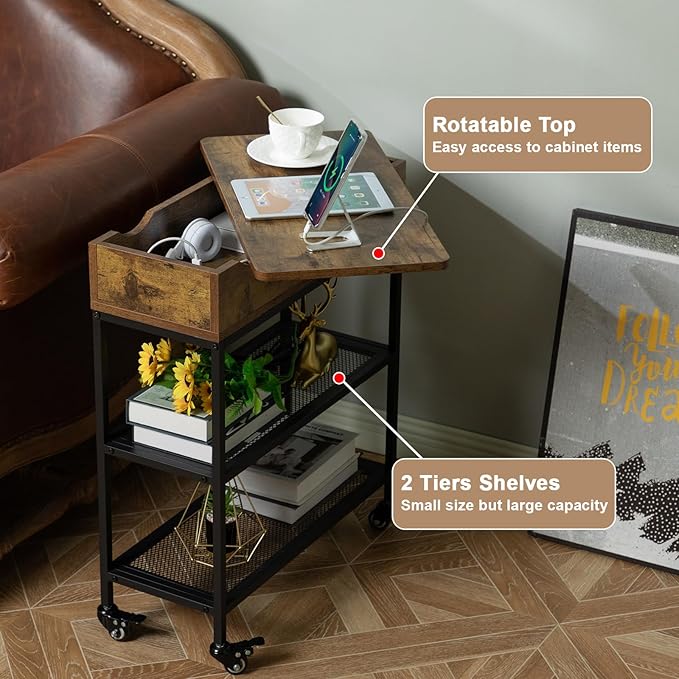 Hadulcet End Table with Charging Station, Couch End Tables Rotating Top Skinny - Image 7