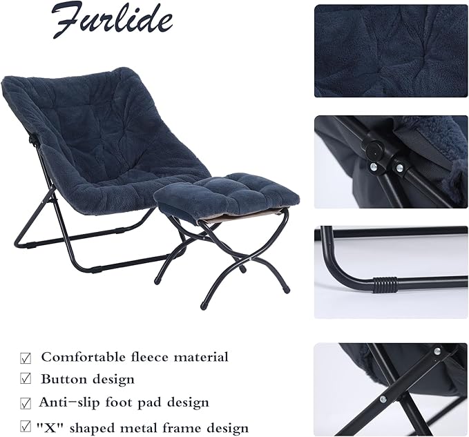Saucer Chair with Ottoman, Comfy Doorm Chairs, Oversized Folding Faux Fur Chair - Image 4