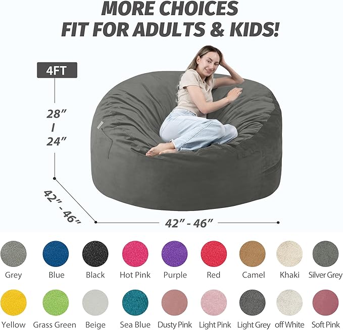 4FT Bean Bag Chair with Ultra Soft Velvet Cover Bean Bag Sofa with Memory Foam - Image 2