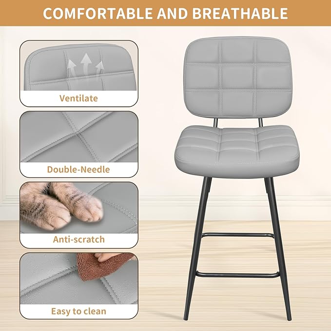 Bar Stools Set of 2, 24 Inch Upholstered Metal Barstool - Image 4
