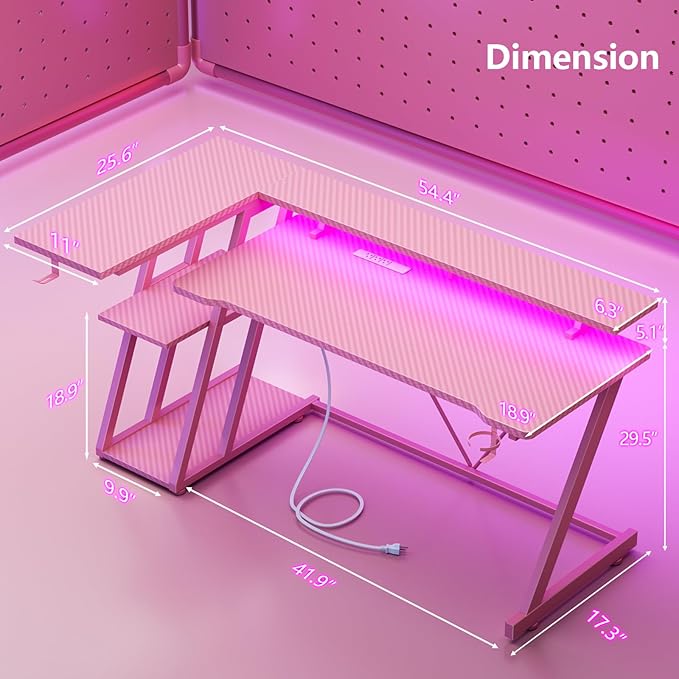 55 Inch Pink Gaming Desk with Power Outlet & LED Lights, Corner Computer Desk - Image 2