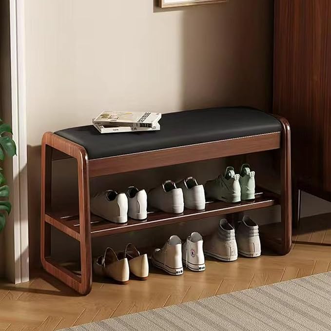 Wooden Shoe Storage Bench with Padded Top Cushion, Two-Tier Wooden Shoe Rack by HOOTSMALL