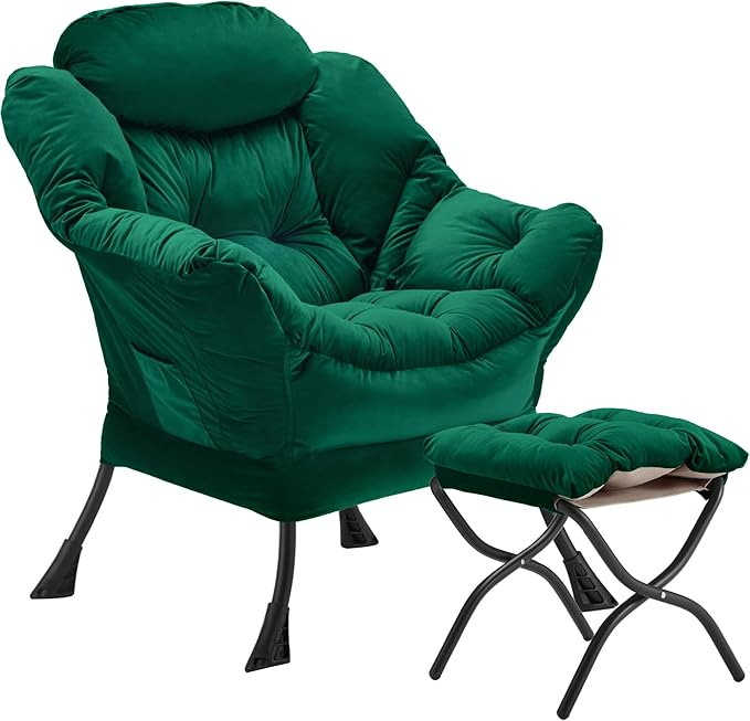 Lazy Chair with Folding Ottoman, Accent Chair Velvet Upholstered with Metal by Youtanic