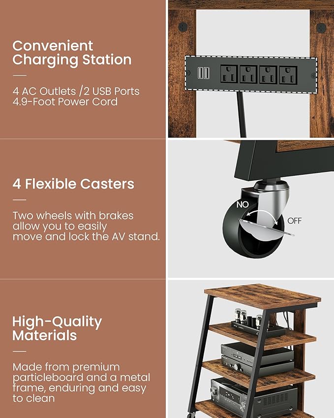 4-Tier AV Media Stand with Wheels, Stereo Stands, Media Console Shelf with - Image 7