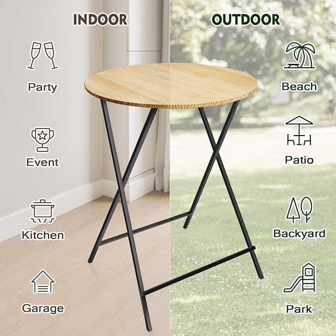 Outdoor Bar Height Table Wood 44.6'' Height, 31.5'' Round Folding Cocktail - Image 6