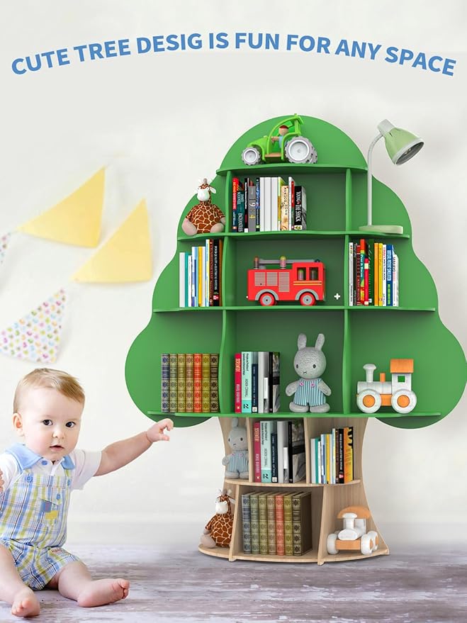 Tree Kids Bookshelf, Toddler Wood Bookcase, 16-Cubby Children Toy Storage - Image 4