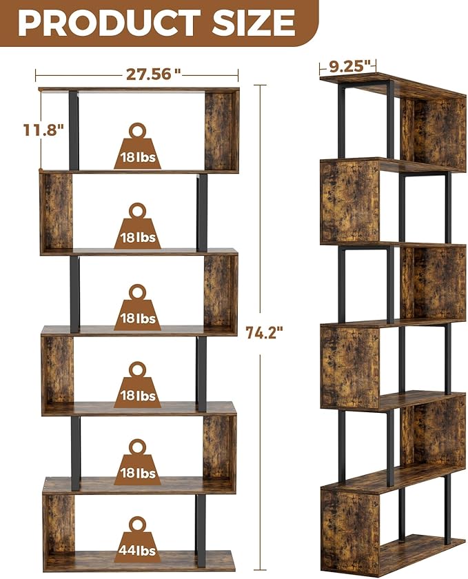 Gadroad 6 Tier Geometric Bookcase, S Shaped Bookshelf, Wood Decorative Storage - Image 3
